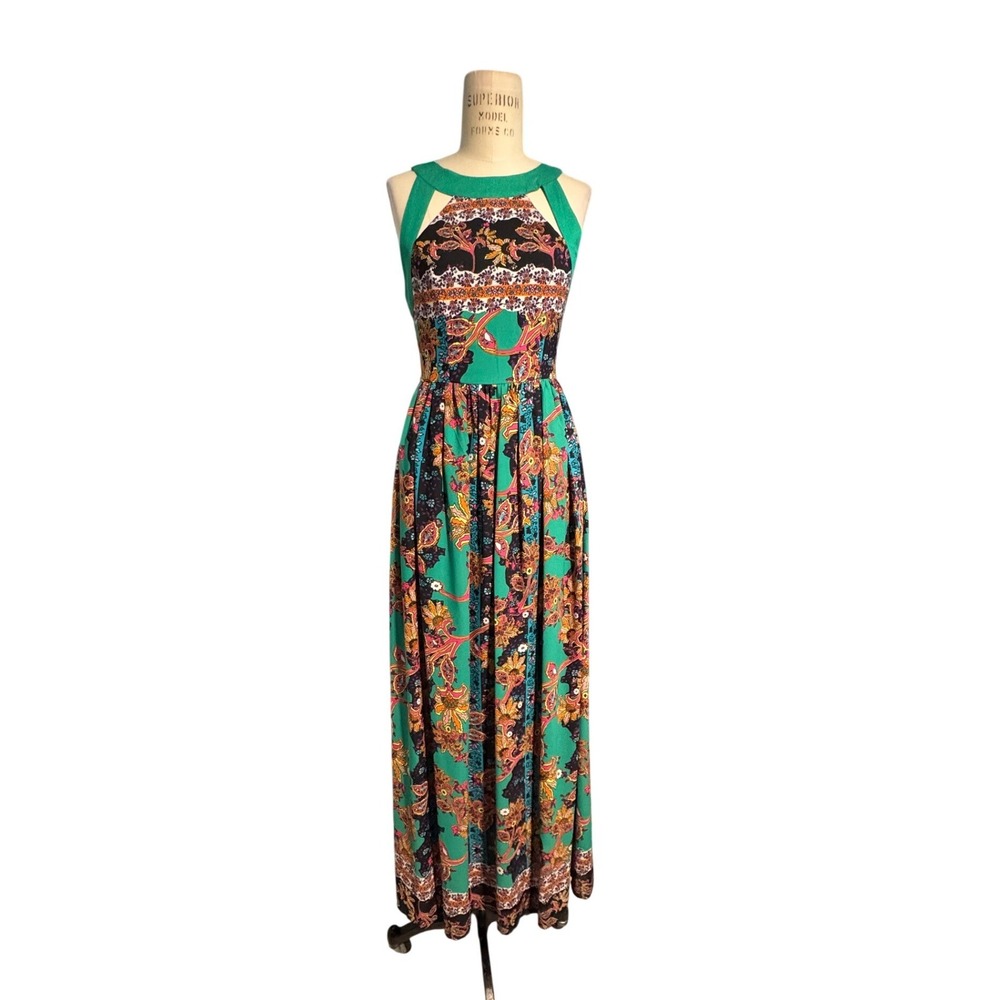 GB Womens Green Paisley Halter Neck Maxi Dress Boho Indie Glam Sleeveless Size S